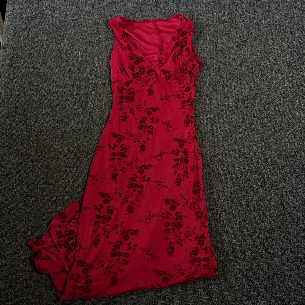 Vintage Y2k Red Velour Floral Sleeveless Ball Gown Maxi Dress Women's Small